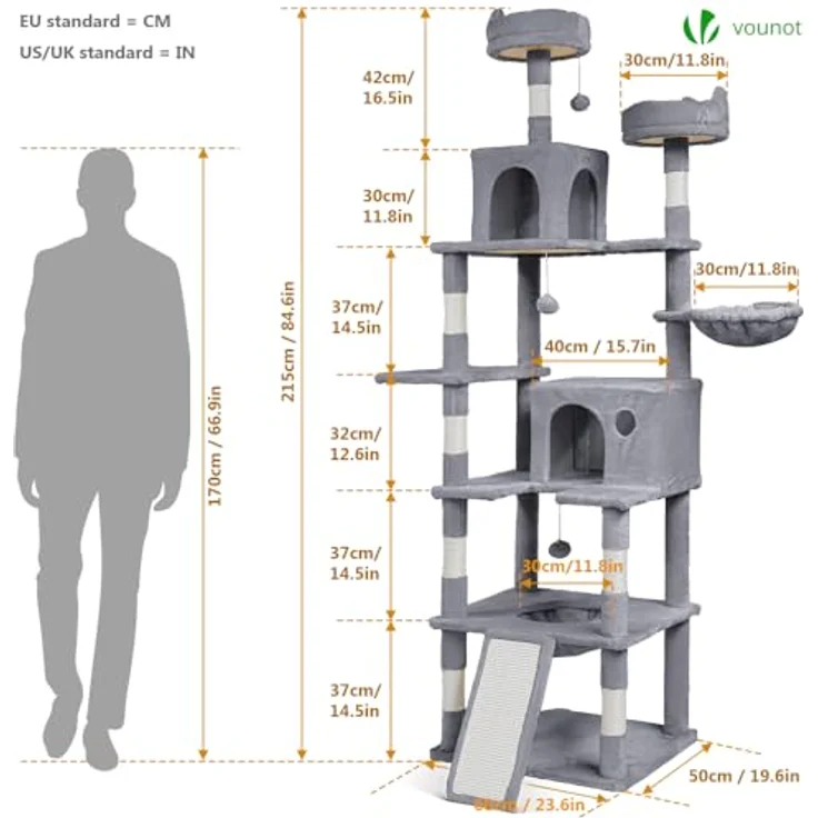 VOUNOT XXL Katzenbaum 215cm, Stabiler Katzenkratzbaum mit Korb Hängematte, Plüschbälle, Dicke Stämme - Beige - Preisvergleich – Bild 3