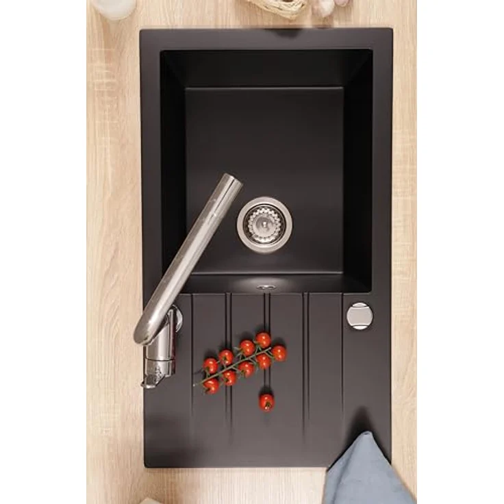 Respekta Almonto Küchenspüle Einbauspüle Granit Massiv 76 x 43 cm, Schwarz, lebensmittelecht, hitzebeständig, kratz- und stoßfest – Bild 6