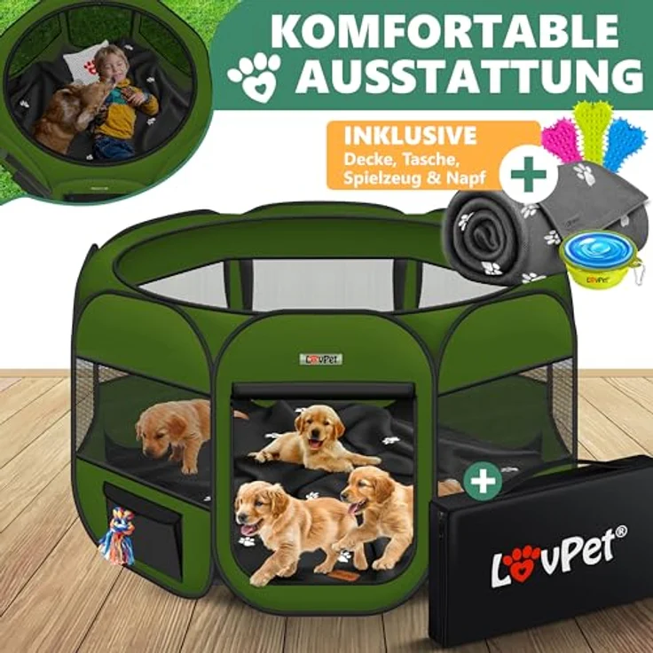 Lovpet® Welpenlaufstall, Faltbar für Kleintiere, 125 cm Durchmesser, inkl. Hundenapf und Fleece Decke, Oxfordgewebe, Pop-up System, Indoor & Outdoor, Khaki – Bild 3