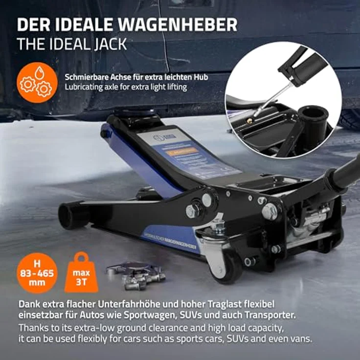 ECD Germany Hydraulischer Wagenheber 3T, extra flach mit Hubhöhe 83-465mm, 2 Gummiauflagen & 360° Rollen, KFZ Rangierwagenheber – Bild 6