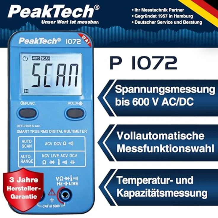 PeakTech P1072 – True RMS Digital Multimeter SMART mit Auto-Range, 4.000 Count LCD-Anzeige, bis 600V AC/DC, NCV, Live-Test, CAT III 600V, robustes ABS-Gehäuse – Bild 2