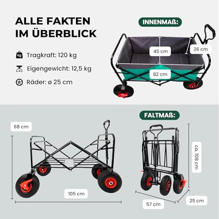 Lemodo Bollerwagen Faltbar mit Luftreifen, 120 kg Tragkraft, klappbarer Handwagen in grün-grau für Strand, Camping & Garten – Bild 2