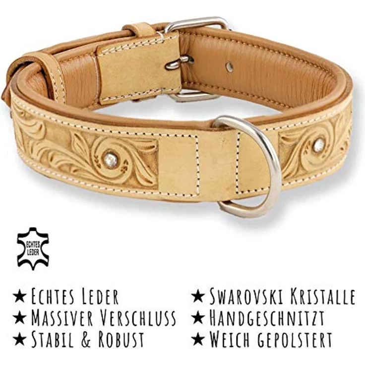 Monkimau Hundehalsband aus Leder - Halsband für Hunde mit Strass Kristall in Beige (XS-S: 25mm x 40cm) – Bild 2