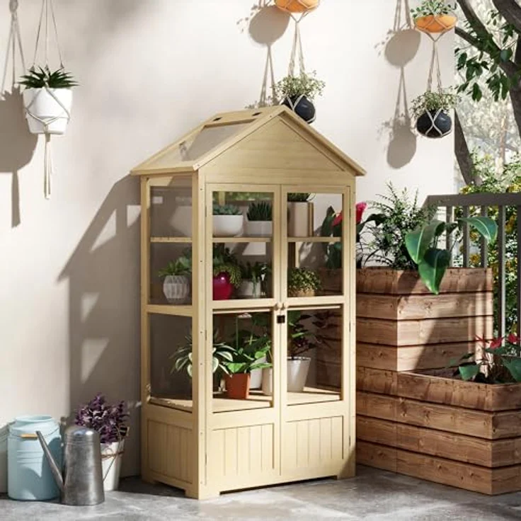 Outsunny Frühbeet aus Holz Abschließbar Gewächshaus Treibhaus mit 4 Ebenen, Dachfenster, Frühbeetkasten mit Doppeltür, für Garten, Balkon, Natur, 100 x 56,5 x 178 cm – Bild 2