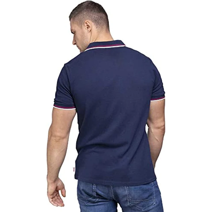 Lonsdale Poloshirt Lion, Arbeitsshirt mit abgesetzten Stickereien und gestreiften Bündchen, blau – Bild 3