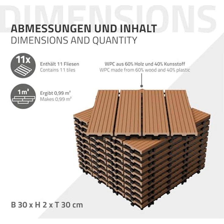 Terrassenfliesen 30x30 cm 11er Set für 1m² Hellbraun aus WPC – Bild 7