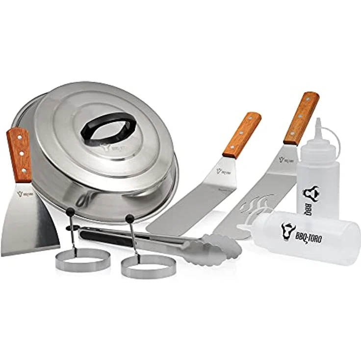 BBQ-Toro 9-teiliges Edelstahl Grill Plancha Zubehör Set | mit Wärmeglocke, Pfannenwender, Spachtel, Grillzange, Spritzflaschen und Eiformen | Teppanyaki Grill Werkzeug – Bild 1