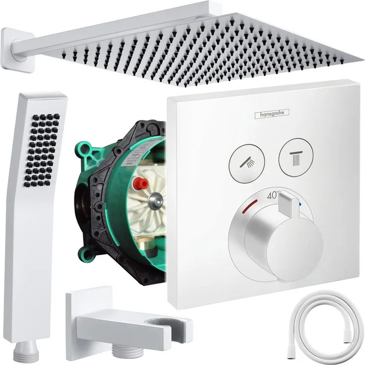 Hansgrohe und Jowi ShowerSelect Unterputz Duscharmatur mit Thermostat, Mattweiß, Regendusche Set, 300/360mm Kopfbrause