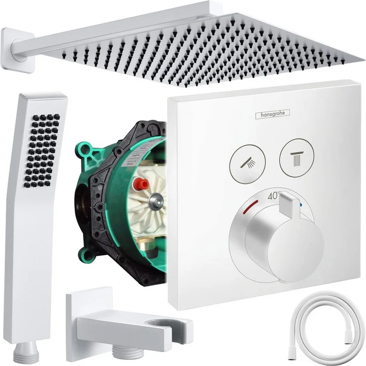 Hansgrohe und Jowi ShowerSelect Unterputz Duscharmatur mit Thermostat, Mattweiß, Regendusche Set, 300/360mm Kopfbrause