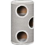 PawHut Kratztonne, Höhe 70 cm, Spieltonne für Katzen, 3 Ebenen, Katzenkratzbaum mit 3 Höhlen, Katzenbaum, Kratzturm aus Sisal, Katzenmöbel, Plüsch, Hellgrau