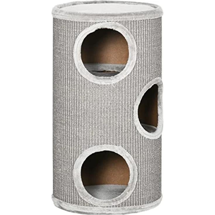 PawHut Kratztonne, Höhe 70 cm, Spieltonne für Katzen, 3 Ebenen, Katzenkratzbaum mit 3 Höhlen, Katzenbaum, Kratzturm aus Sisal, Katzenmöbel, Plüsch, Hellgrau – Bild 1