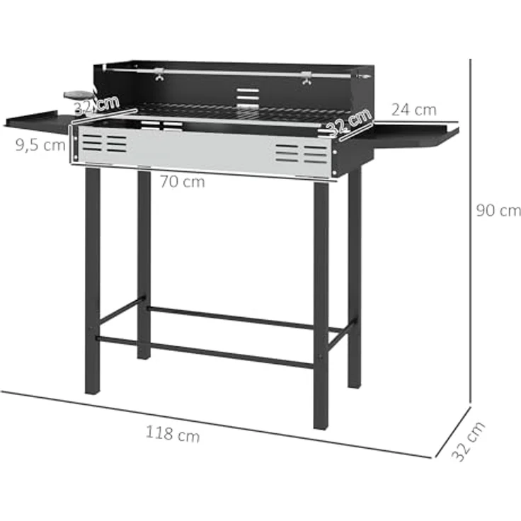 Outsunny Holzkohlegrill Campinggrill mit Grillrost und Rotisserie-Kit klappbar faltbar Camping Garten BBQ Rostfreier Stahl+Metall Schwarz 118 x 32 x 90 cm – Bild 5