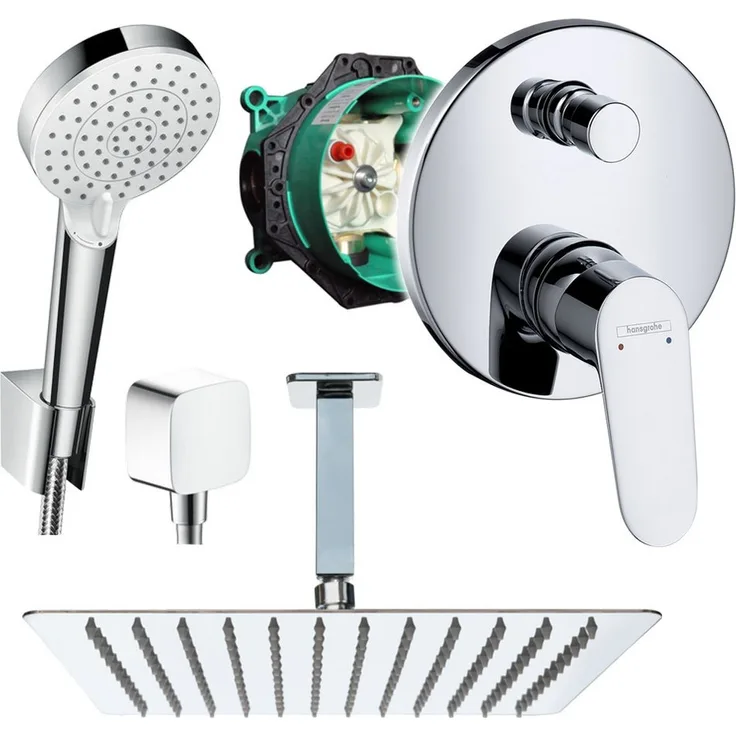 Hansgrohe und Jowi Unterputz Duschsystem mit Kopfbrause, Focus Mischer, Deckenanschluss, quadratische Metallkopfbrause 250/300/360mm, polierter Edelstahl