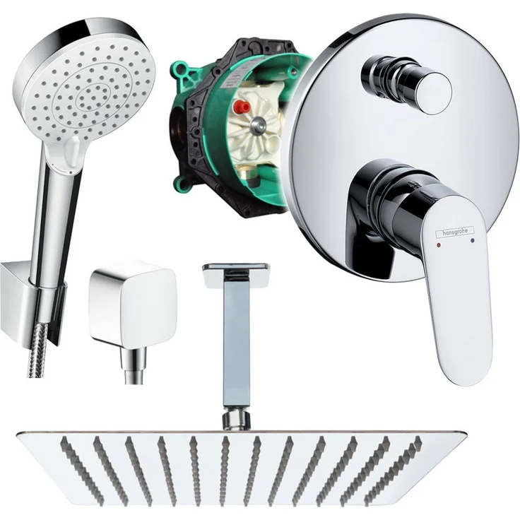 Hansgrohe und Jowi Unterputz Duschsystem mit Kopfbrause, Focus Mischer, Deckenanschluss, quadratische Metallkopfbrause 250/300/360mm, polierter Edelstahl