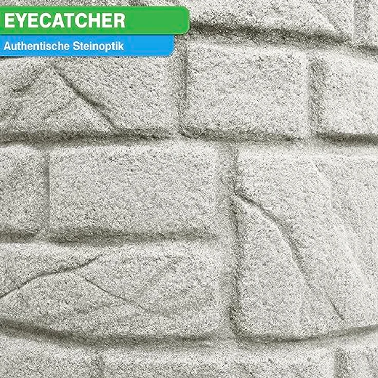YourCasa Regentonne 230 Liter [StoneRain] mit Metallgewinde und Deckel in Steinoptik - Frostsicher und UV-beständig - Kinder-windsichere Abdeckung - Hellgrau – Bild 3