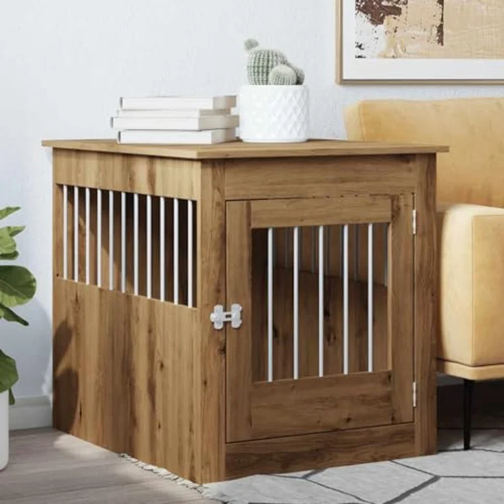 vidaXL Hundekäfig im Möbelstil Artisan-Eiche 64,5x80x71 cm, 2-in-1 Funktion mit belüftetem Design und abschließbarer Tür – Bild 3