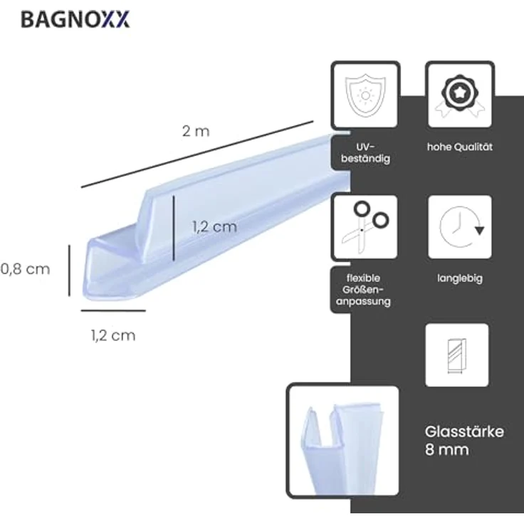 Bagnoxx Duschdichtung Anschlagdichtung 2m, für 8mm Glasstärke, 90 Grad, transparent, schimmelbeständiger PVC-Kunststoff – Bild 2