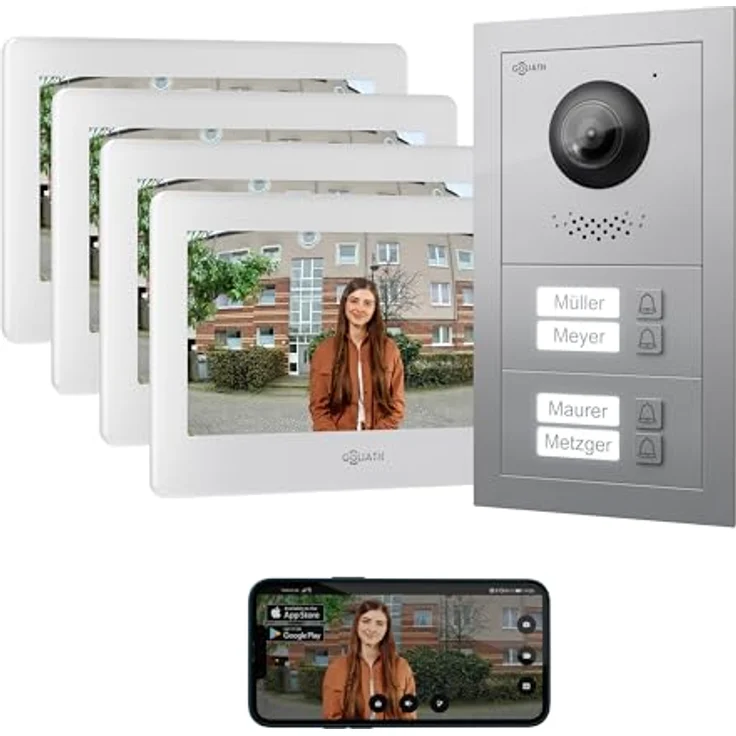 Goliath Intercom Basic-Line Video-Türsprechanlage mit 170° HD Kamera, 7 Zoll Monitor, 2-Draht Technologie, erweiterbar für 4-Familienhäuser, weiß/schwarz – Bild 1