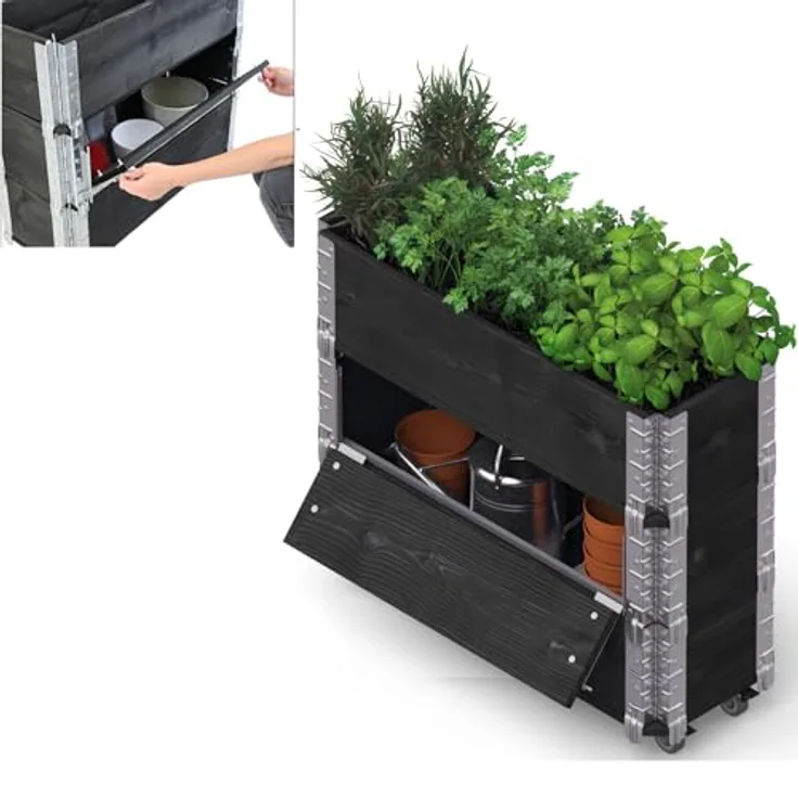 TRUTZHOLM Hochbeet aus Holz Kräuterbeet mobiler Einsatz Feststellbremsen 80x30x68 cm für Garten und Balkon, mit Stauraum Fach, teilbar, flexibel, Rollbrett
