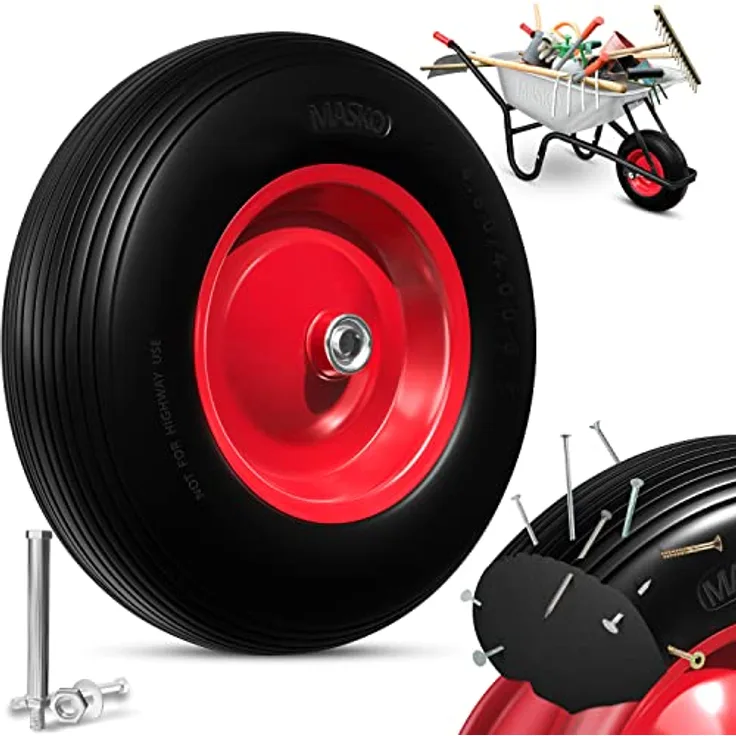 MASKO PU Schubkarrenrad Vollgummi 200 kg pannensicher 4.80-4.00-8 Ø 390mm inkl. Achse Ersatzrad Gummirad Stahlfelge Reifen pannensicher für Schubkarre Gartenkarren pannensicheres PU Rad Schwarz - Rot