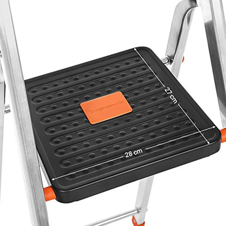 SONGMICS Leiter mit 3 Stufen, Aluleiter, 12 cm breite Stufen mit Riffelung, Anti-Rutsch-Füße, mit Handlauf, Werkzeugschale, bis 150 kg belastbar, schwarz-orange – Bild 4