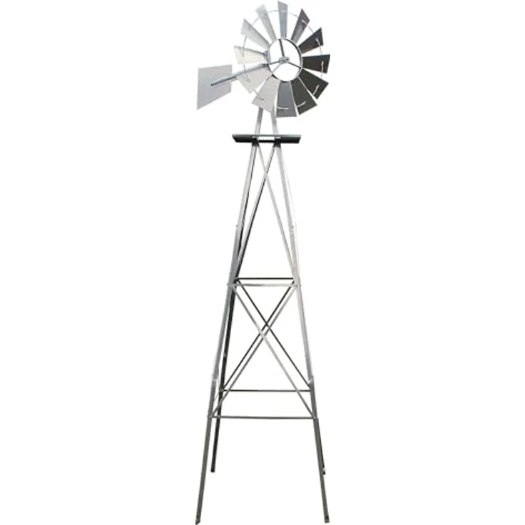Wiltec Windrad mit 245 cm Höhe, Windmühle in Silberfarben, Gartendeko mit kugelgelagertem Texasrad, Rankhilfe für Garten