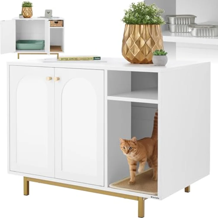 tectake® Katzentoilette Schrank, 2-in-1 Katzenklo Möbel mit Ablage und Kratzmatte, weiß/gold – Bild 1