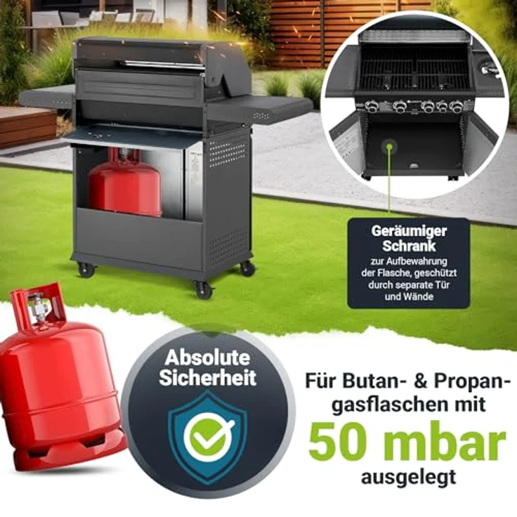 Juskys BBQ Gasgrill Savannah - 4 Brenner und 1 Seitenbrenner - XXL Stahl Gas Grill mit Gusseisen Grillrost, Kochfeld, Unterschrank für Gasflasche – Bild 5