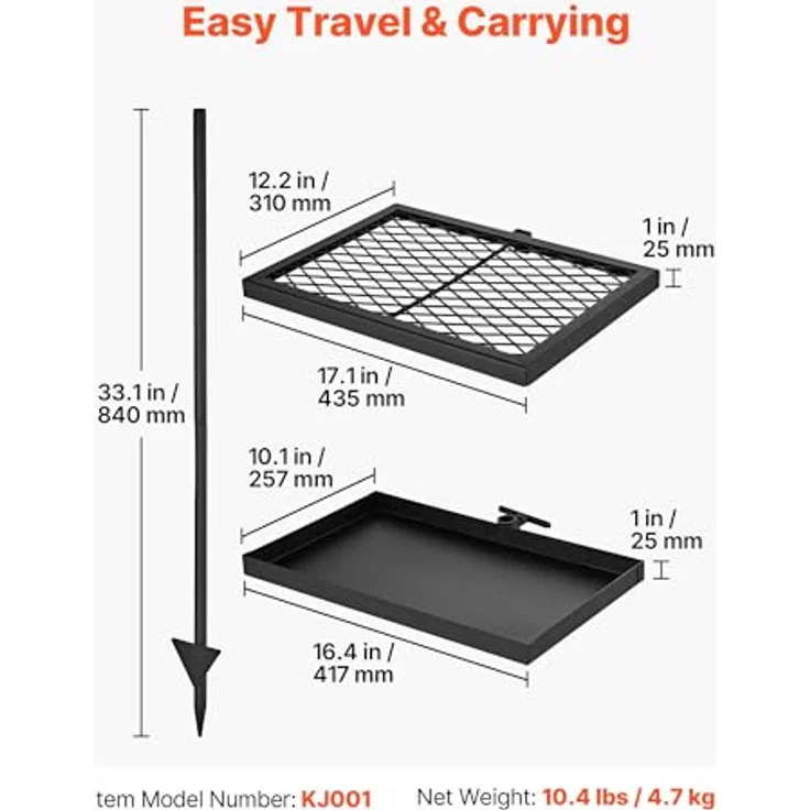 VEVOR Schwenkgrill KJ001, 360° Höhenverstellbarer Lagerfeuergrill aus Kohlenstoffstahl mit Grillrost, drehbar für Outdoor und Camping – Bild 2