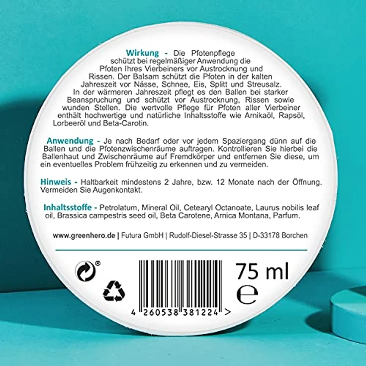 Green Hero Pfotenpflege für Hunde und Katze Pfotenbalsam mit Pfotenschutz in einem Produkt Pfotensalbe gegen Risse und Austrocknung mit Arnikaöl, Rapsöl, Lorbeerblatt öl 75 ml – Bild 5
