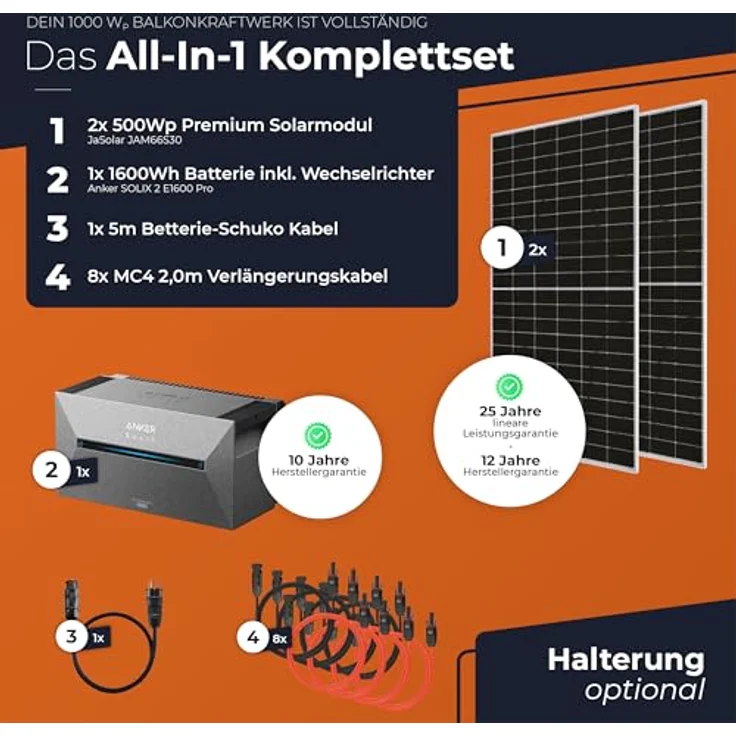 Solarway All In One Balkonkraftwerk mit Speicher 1000W - 1,6 kWh Anker Solix 2 PRO, 500W Solarmodule & Zubehör, weiß – Bild 3