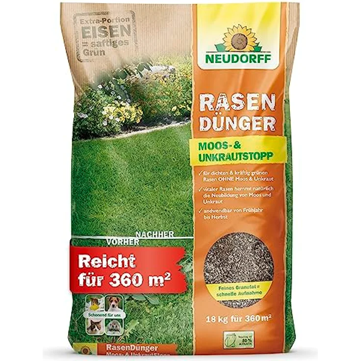 Neudorff RasenDünger Moos- & UnkrautStopp 18 Kg für 360m², organisch-mineralischer Dünger mit Eisen und Kalium für dichtes, saftiges Grün – Bild 1