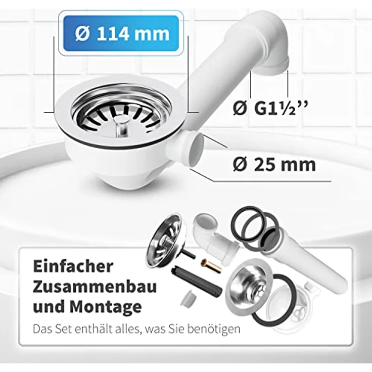 AquaDE Siebkorbventil AQUADE Ø 114 mm mit Raumschaffer 1 Zoll Anschluss für Überlauf, Edelstahl & weißer Kunststoff – Bild 4