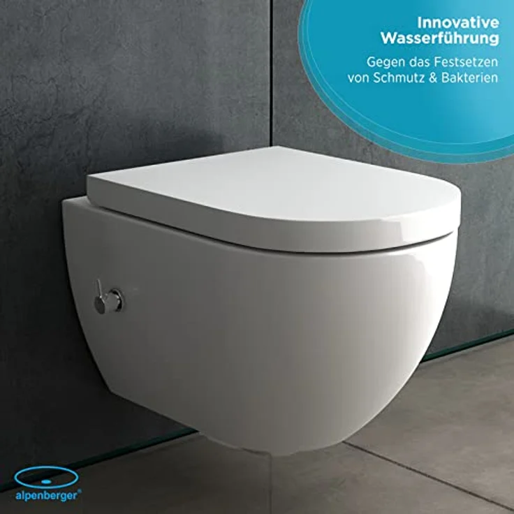 Alpenberger Wand WC mit Bidet Funktion | Dusch WC Kloschüssel & Toilettendeckel mit Absenkautomatik | Toilette Spülrandlos mit Armatur | Taharet WC Nano Hänge WC Set Passend Geberit (Cera 6250 U) – Bild 2