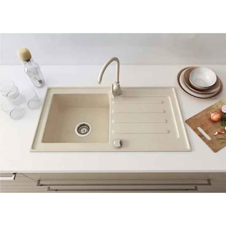 Granitspüle 76x44 Küchenspüle Gold Granit Spülbecken f. Unterschränke ab 45 cm inkl.Siphon Set (Mit Armatur, Beige) – Bild 2