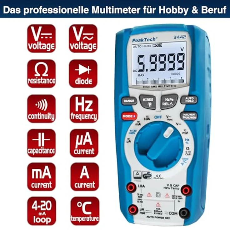 PeakTech P 3442 True RMS Digital Multimeter für Elektriker mit 60000 Counts und 4.0 Bluetooth, Profi-Handmultimeter, Auto-Hold, -GS, Spannungsmesser, Durchgangsprüfer, Messgerät - CAT III 1000V – Bild 6