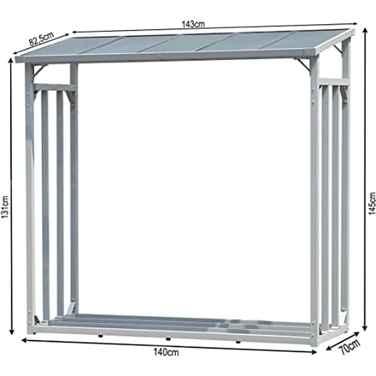 QUICK STAR Aluminium Kaminholzregal 143 x 70 x 145 cm, wetterfest mit Wetterschutz, grau, Kapazität 1,4 m³, ideal zum Lagern und Trocknen von Brennholz – Bild 2