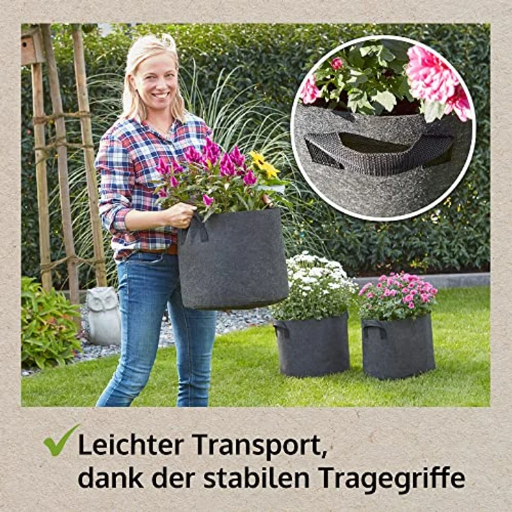 Zooprinz Pflanzkübel Pflanzsack Pflanztaschen 6er Set, 30L und 60L, 260 g/m² Vliesstoff, UV- und witterungsbeständig, mit Wasserabfluss-System – Bild 5