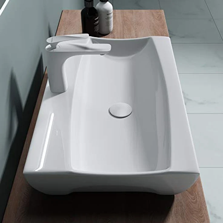 doporro Aufsatzwaschbecken Brüssel890 Keramik weiß Abperl-Effekt, Eckiges Design mit DIN-Anschlüssen – Bild 3