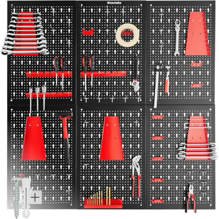 tectake® Werkzeug Lochwand, Metall, 240 x 60 x 2 cm, inkl. Werkzeughalter Set, 6-tlg. Regalsystem für Werkstatt und Garage