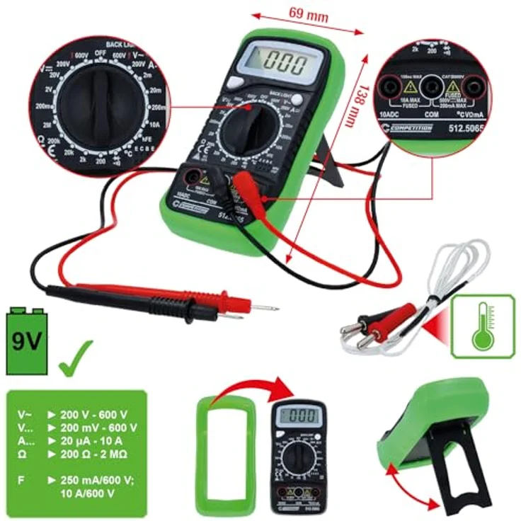Competition 512.5065 Digital Multimeter, professionelles Messgerät für KFZ- und NFZ-Elektrik, mit großem LCD-Display und Gummi-Schutzholster – Bild 3