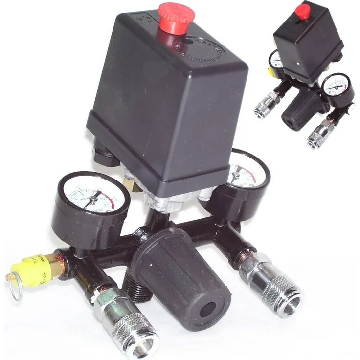 Apex Druckregler Druckwächter 40343, Drucklufteinheit mit Druckschalter 230V, Sicherheitsventil 8,8 bar, 2 Manometer und 2 Schnellkupplungen
