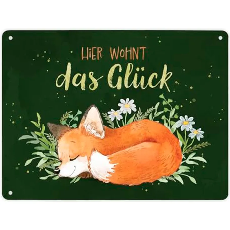 speecheese Fuchs Metallschild XL in 21x28 cm grün mit Spruch "Hier wohnt das Glück" Aquarell Zeichnung Frauen Geburtstag Natur Blechschild - Preisvergleich