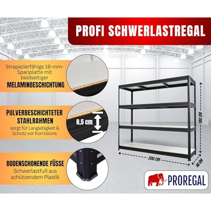 Proregal Schwerlastregal DINO, 180 x 200 x 60 cm, Traglast 500 kg pro Boden, 4 verstellbare Fachböden, Schwarz – Bild 2