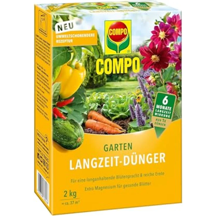 COMPO Garten Langzeit-Dünger, 2 kg für Gartenpflanzen, 6 Monate Langzeitwirkung, umweltschonende Rezeptur, für 37 m² – Bild 1