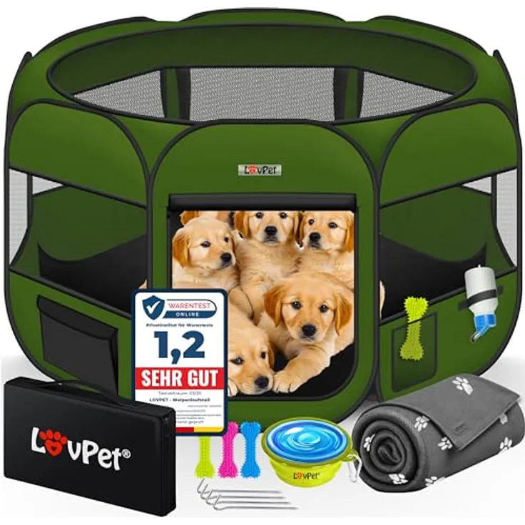 Lovpet® Welpenlaufstall, Faltbar für Kleintiere, 125 cm Durchmesser, inkl. Hundenapf und Fleece Decke, Oxfordgewebe, Pop-up System, Indoor & Outdoor, Khaki