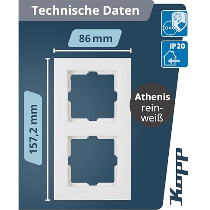 Kopp ATHENIS 2-fach Abdeckrahmen, Rein-Weiß, 5er Set, Kunststoff, eleganter Rahmen für Steckdosen & Schalter, 86 x 157 x 9,5 mm – Bild 2