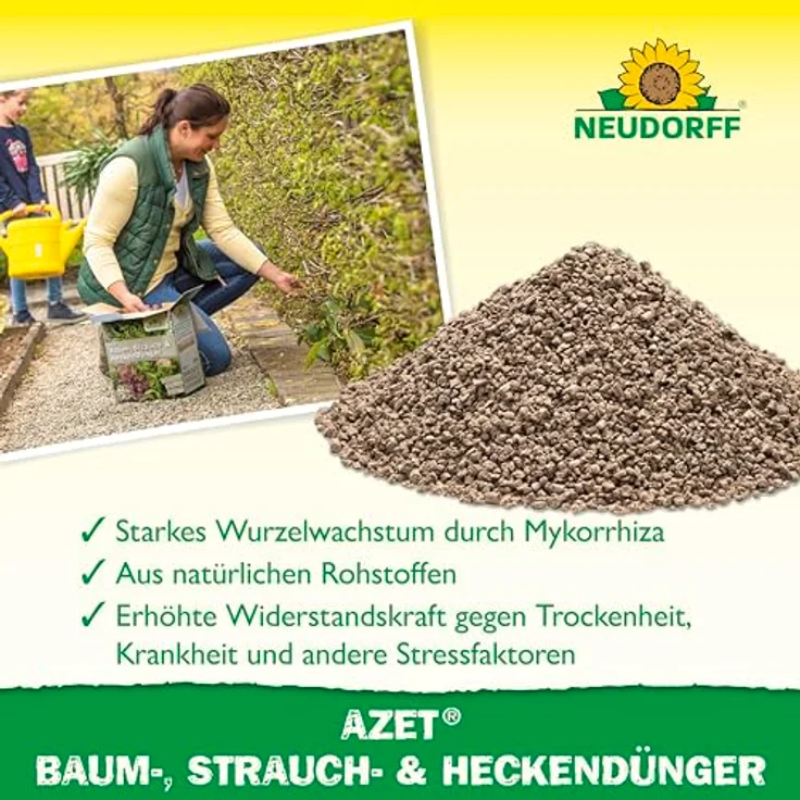 Neudorff Azet Baum-, Strauch- und HeckenDünger, Bio Langzeitdünger mit Mykorrhiza für tiefere Wurzeln und kräftig grüne Blätter, 5 kg – Bild 4