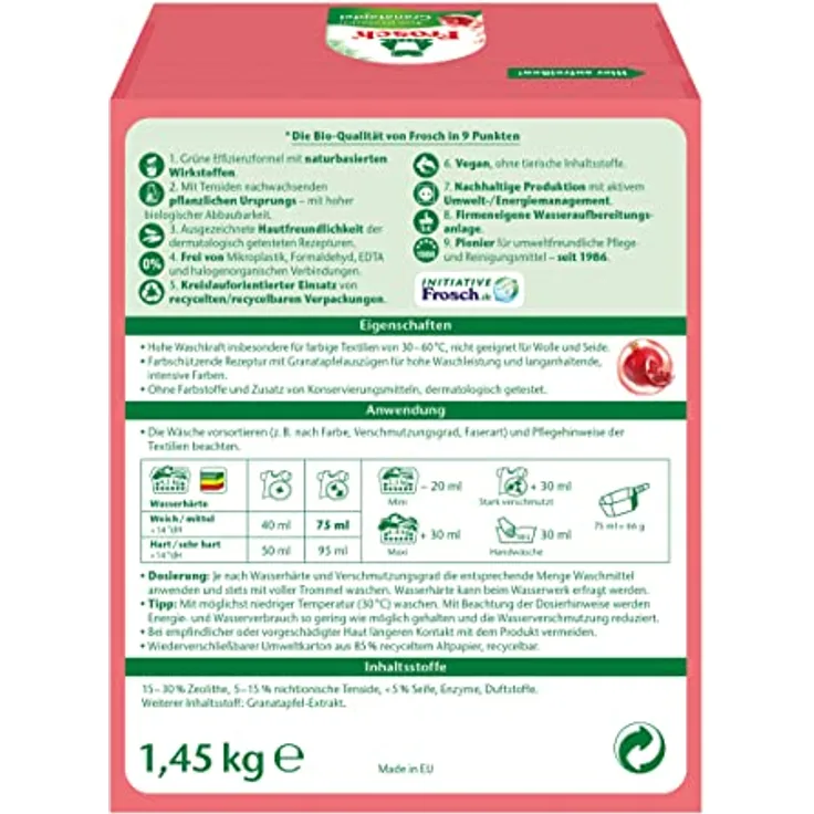 Frosch Granatapfel Bunt-Waschpulver, Pulver Waschmittel (22 WL), Buntwaschmittel bekämpft hartnäckigste Flecken, Farbschutz, 1er Pack (1 x 1,45 kg)