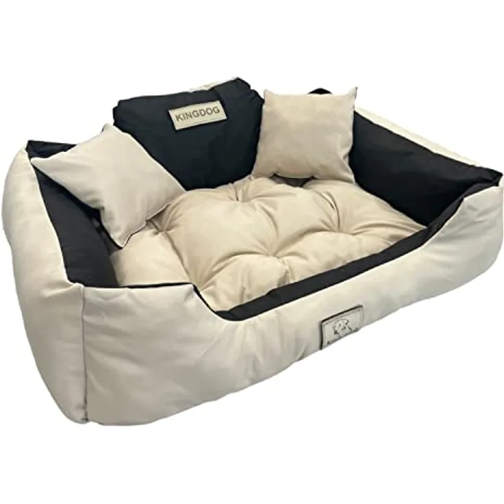 KingDog Hunde- und Katzenbett mit Zwei Kissen Hundekissen Hundekorb Haustierbett Waschbar Wasserdichtes PVC-Material (M 75x65cm, Beige)